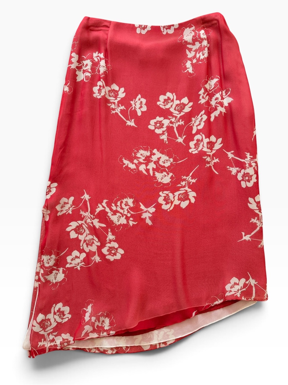 Akris Red/Coral with Cream Floral Silk Asymmetrical Side Slit Skirt 6